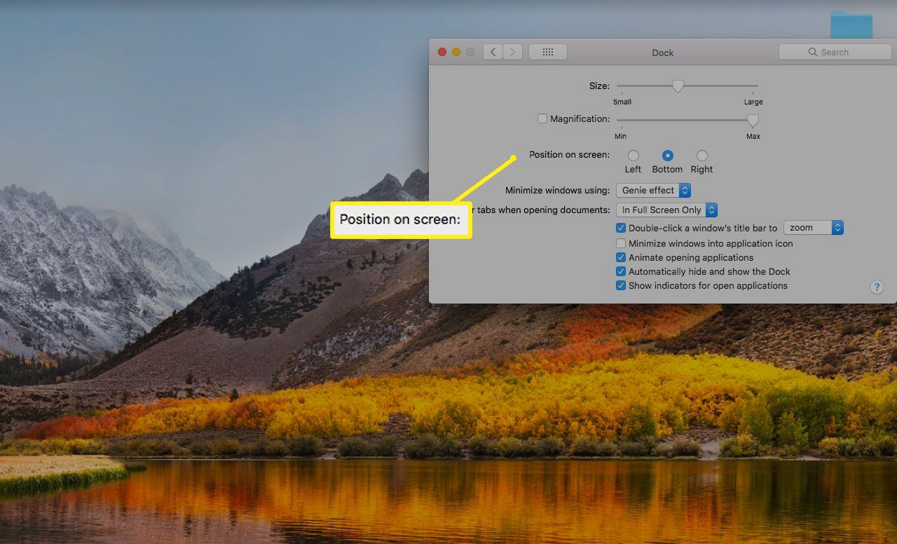 Configurações de encaixe em um Mac com a opção Posição na tela destacada