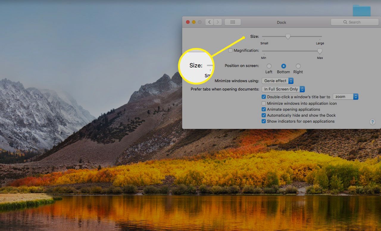 Configurações de encaixe em um Mac com o título Tamanho destacado