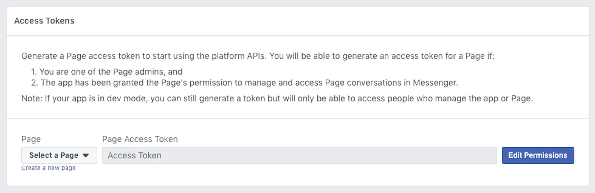 Criação de um token de acesso de API no portal de desenvolvedores do Facebook