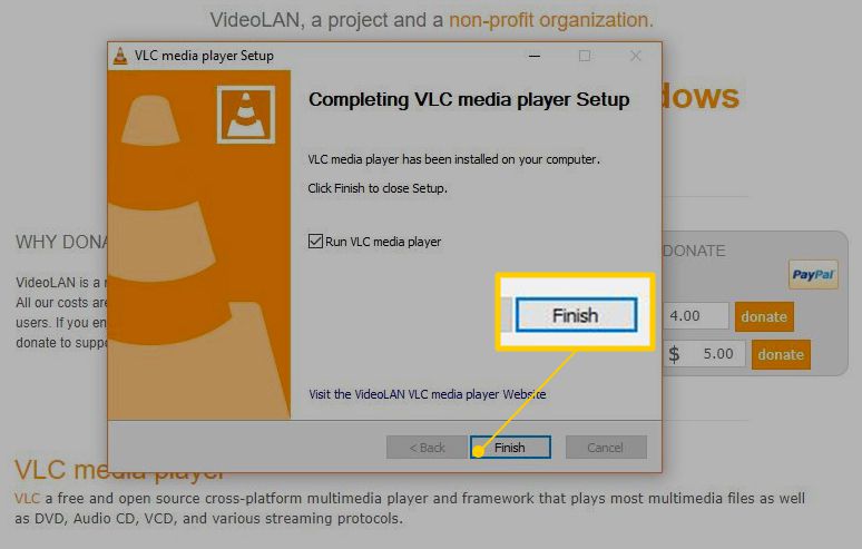 Botão Concluir na caixa de diálogo do instalador VLC