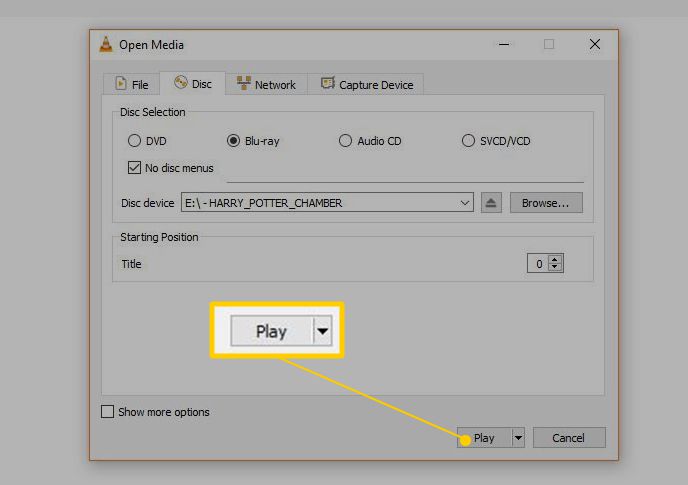 Botão Play na caixa de diálogo VLC Open Media
