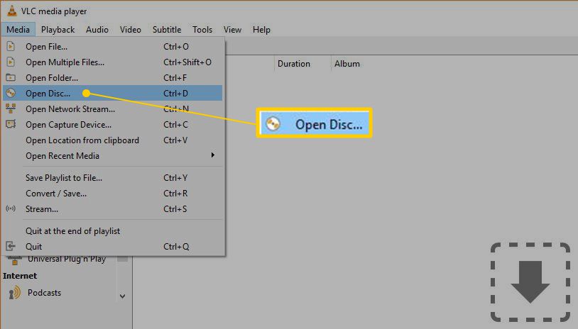 Abra o item de menu do disco no VLC media player