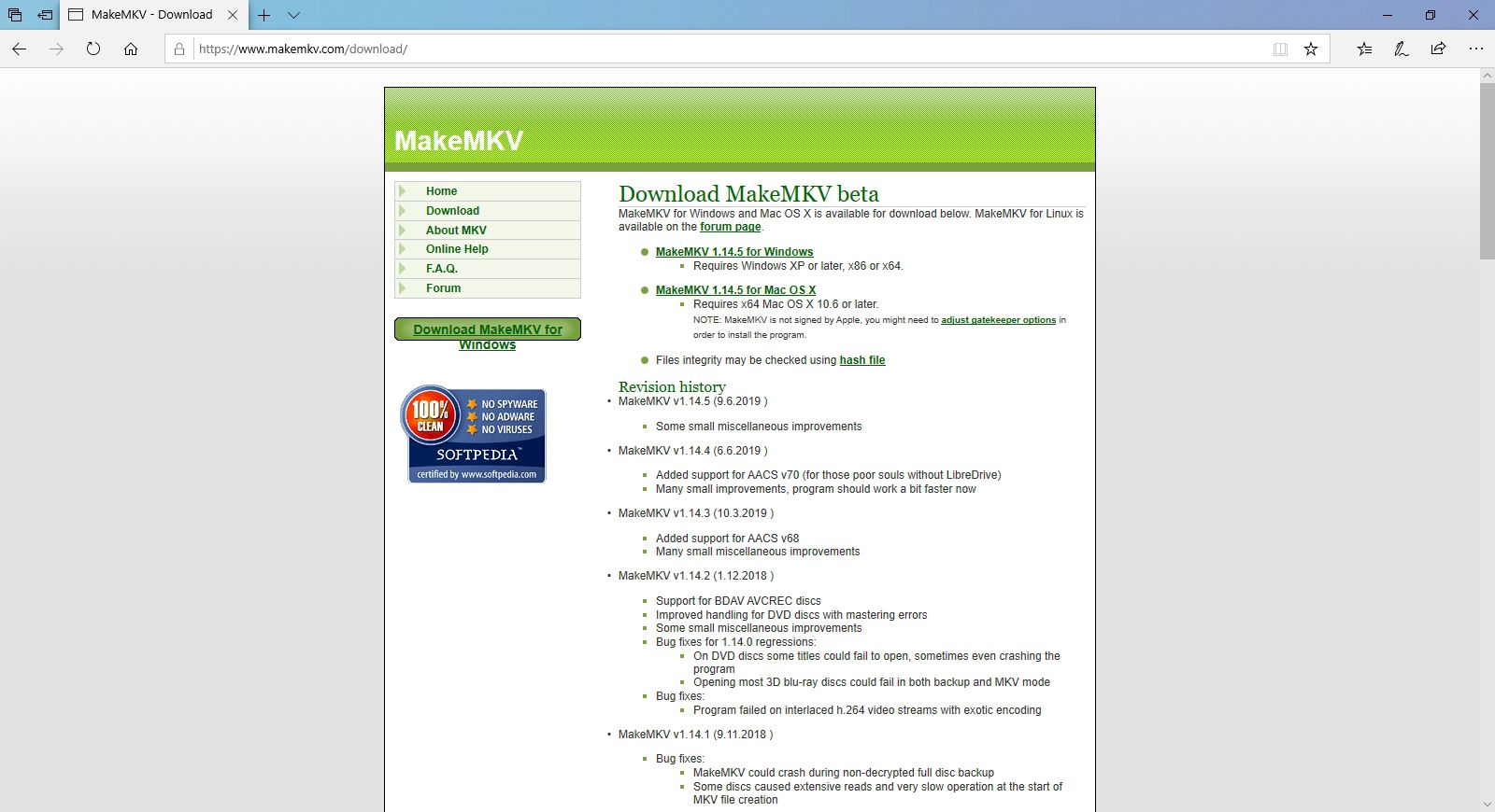 Uma captura de tela do site MakeMKV.