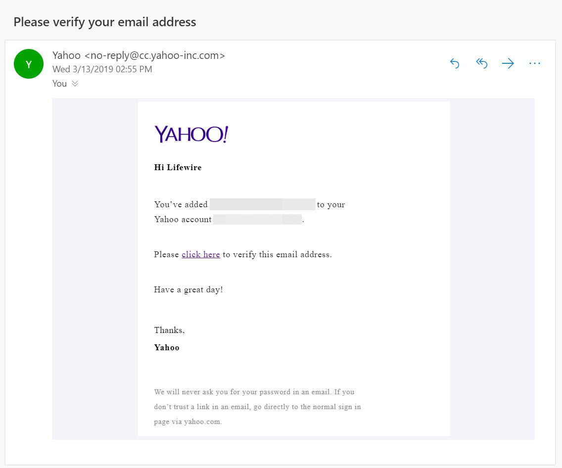 Email de verificação enviado pelo Yahoo