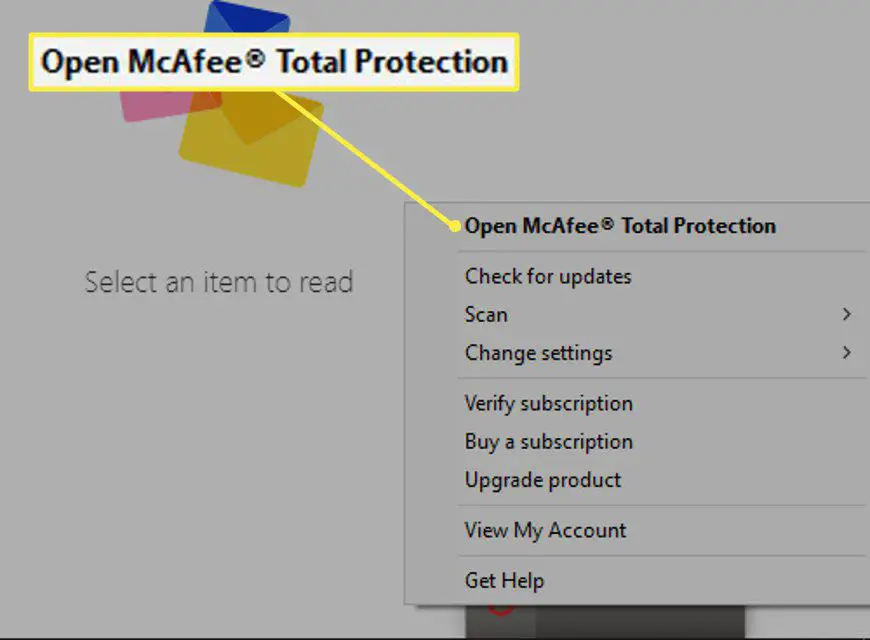 Menu da barra de tarefas do McAfee Total Protection no Windows 10