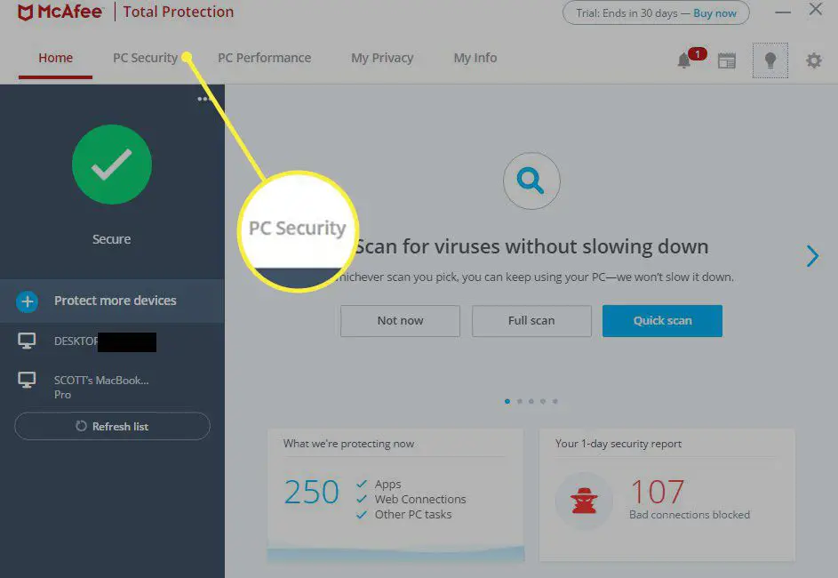 Painel do McAfee Total Protection no Windows 10