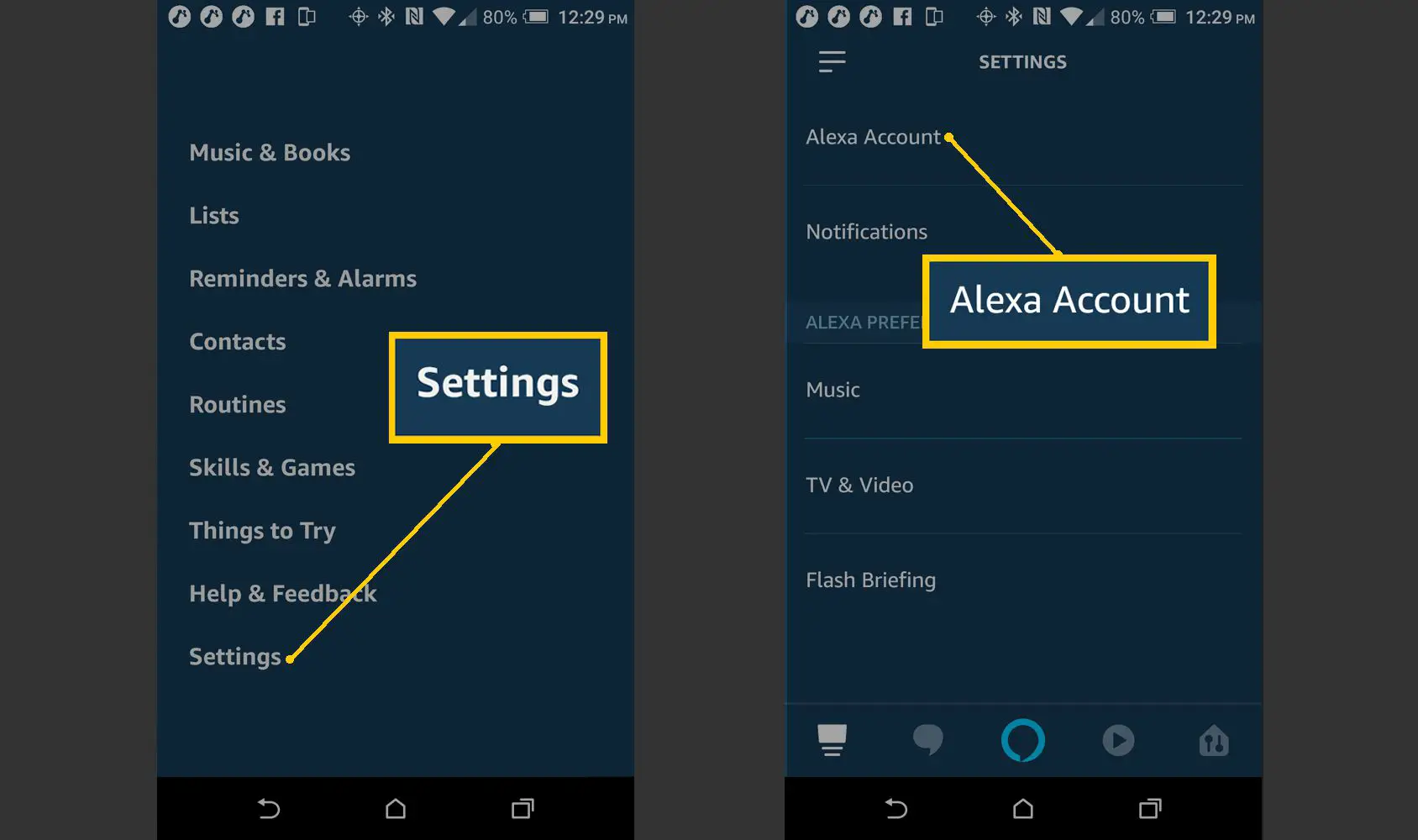 Alexa App Escolha as configurações Conta Alexa