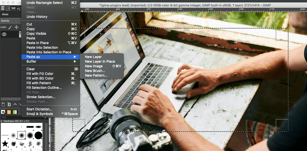 Captura de tela da seleção de cópia para uma nova camada ou imagem.