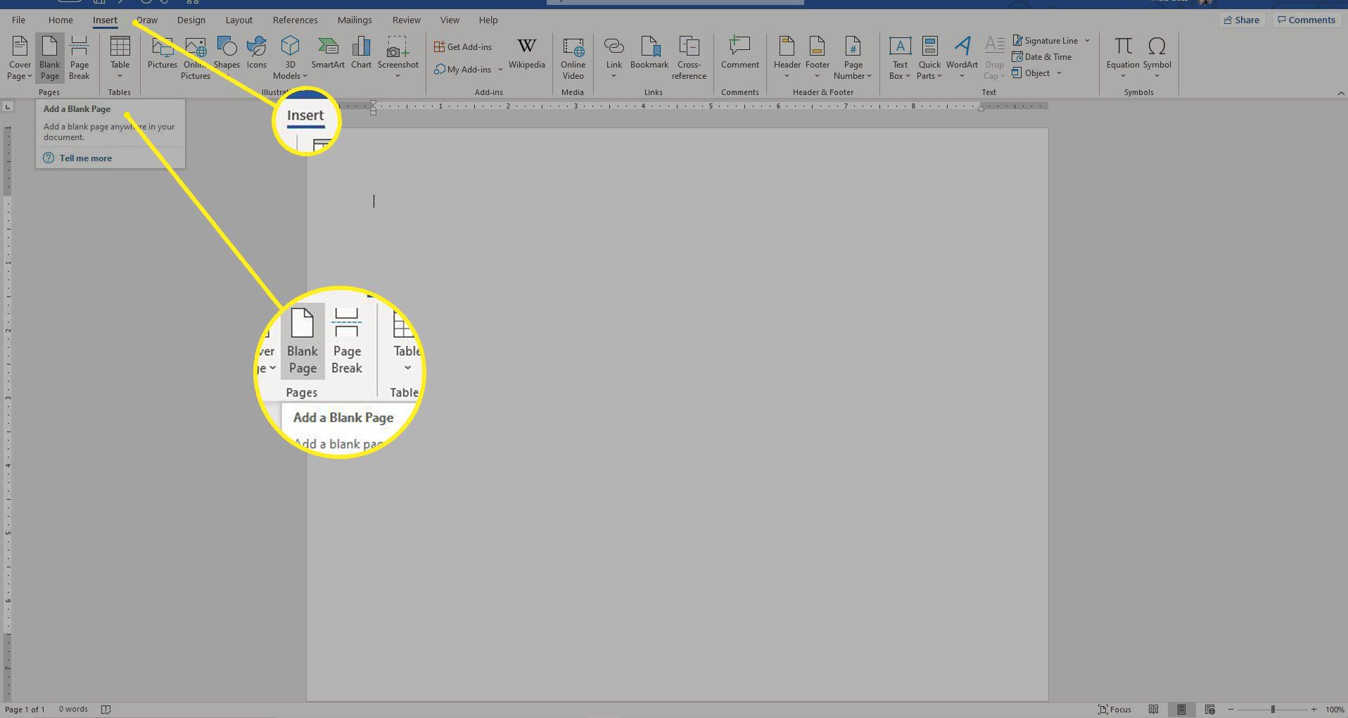 Word com as seções Inserir e Página em Branco destacadas