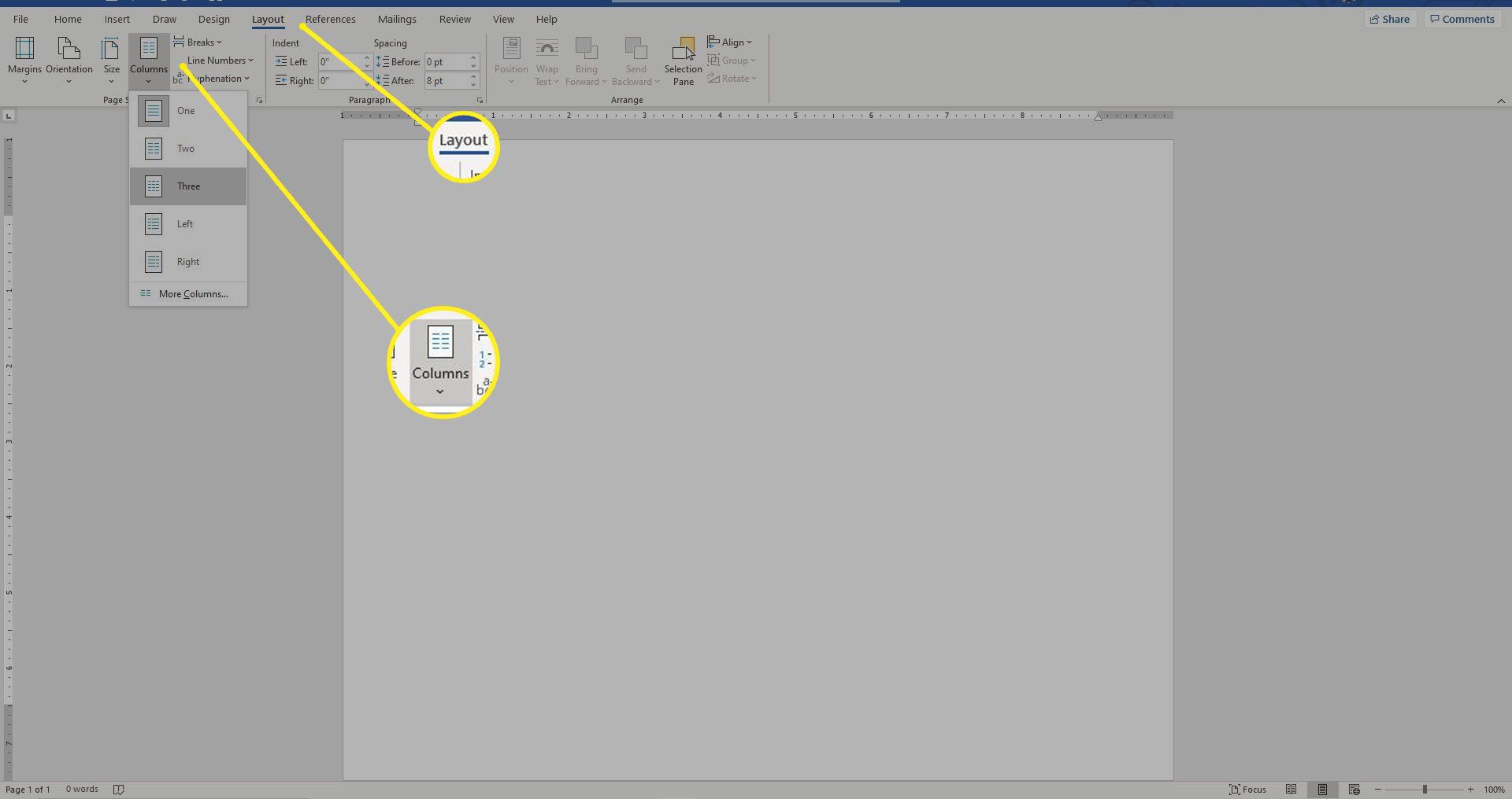 Documento do Word com a guia Layout e os botões Colunas destacados