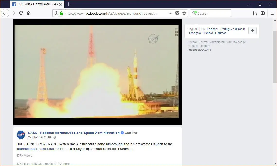 transmissão ao vivo da NASA no Facebook Live