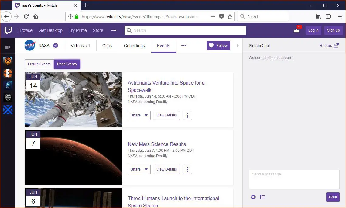 transmissão ao vivo da NASA no Twitch