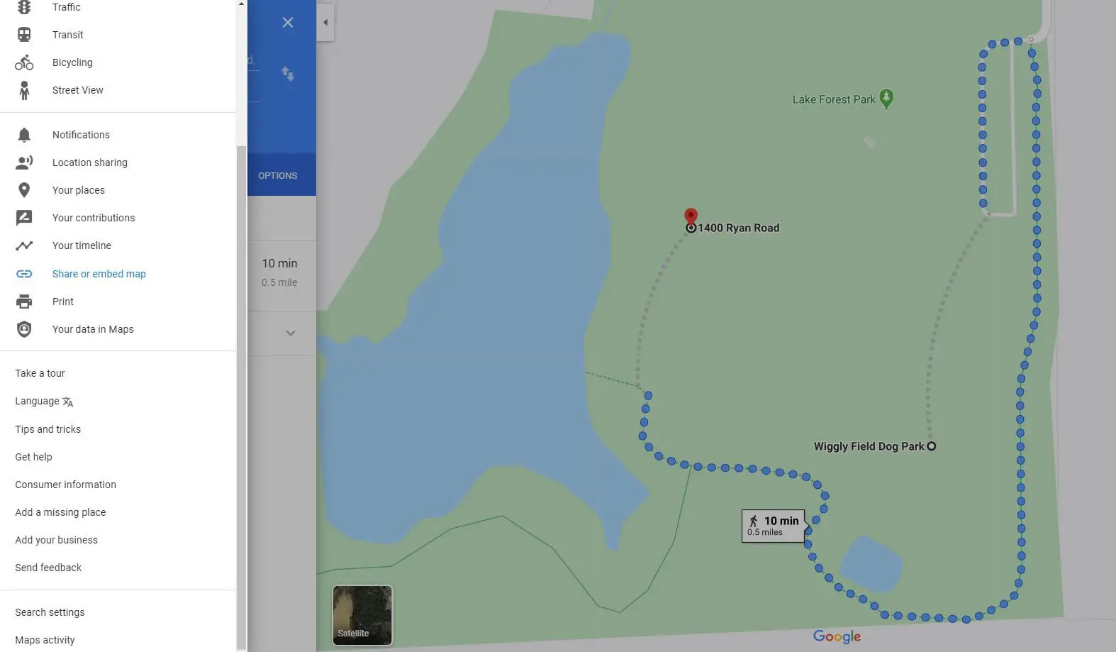 Opção de compartilhar ou incorporar mapa no menu do Google Maps