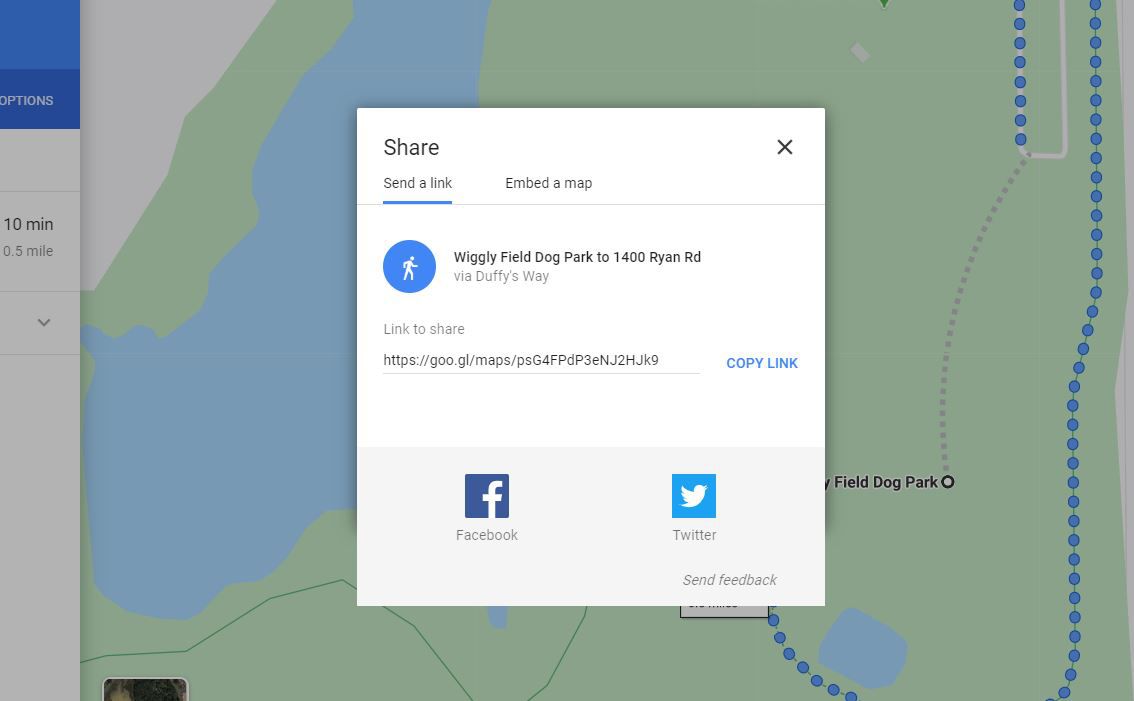 Compartilhar opções de link para o pin do Google Maps