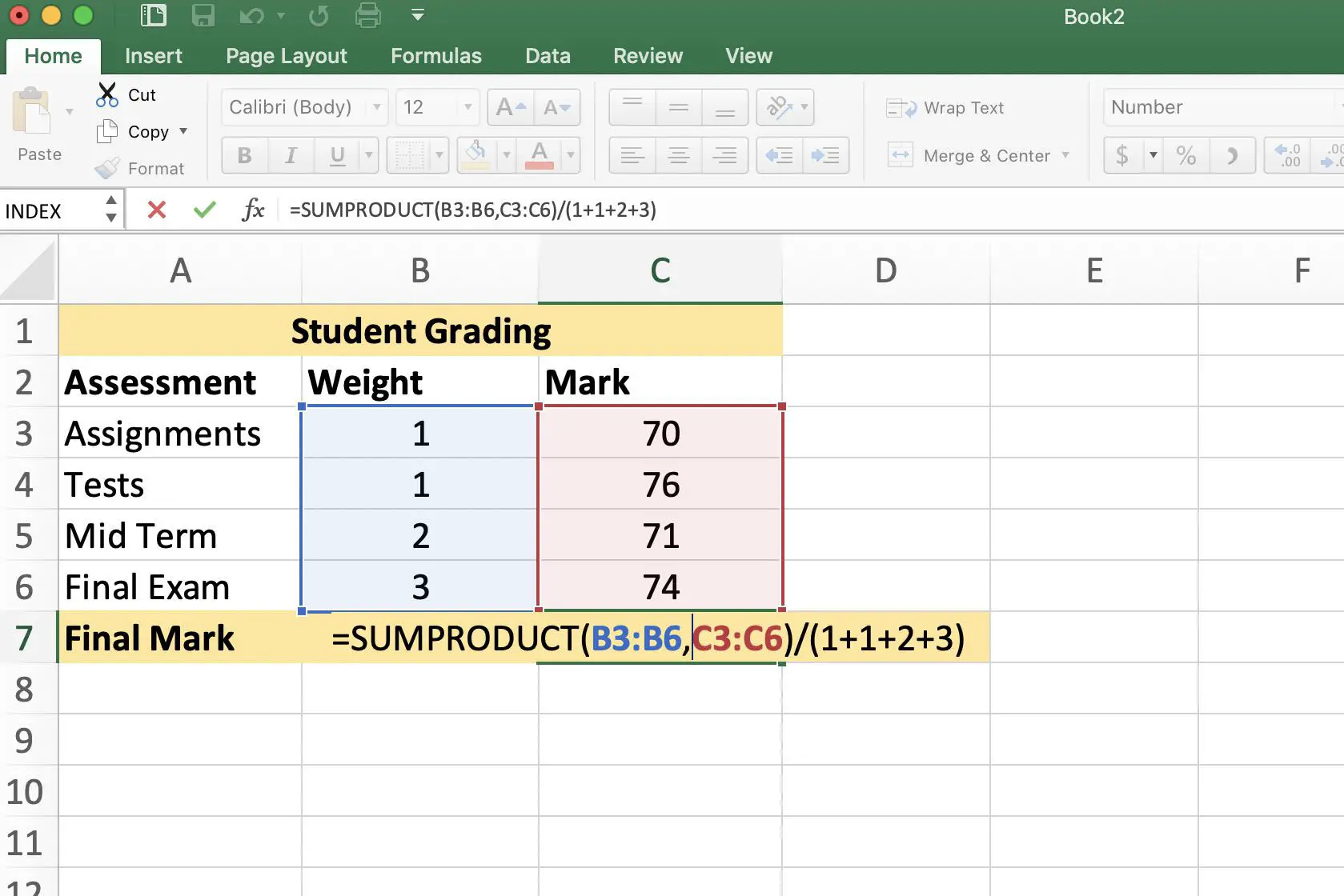 Excel mostrando a fórmula SUMPRODUCT em uso
