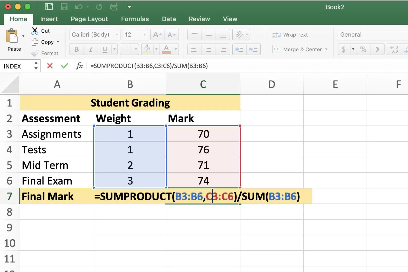Excel mostrando maneiras alternativas de usar SUMPRODUCT