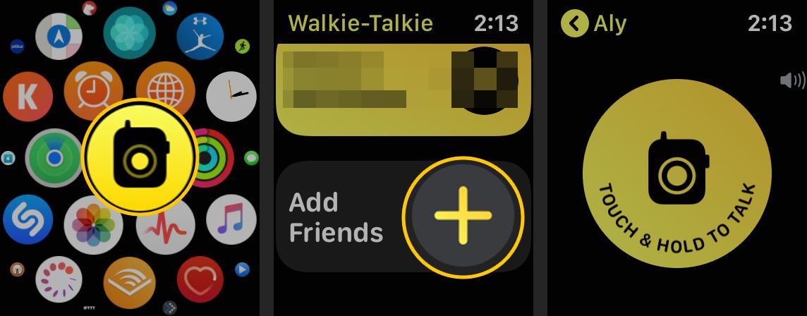 Ícone de Walkie Talkie, botões Adicionar Amigos, Toque e Segure para Falar no Apple Watch