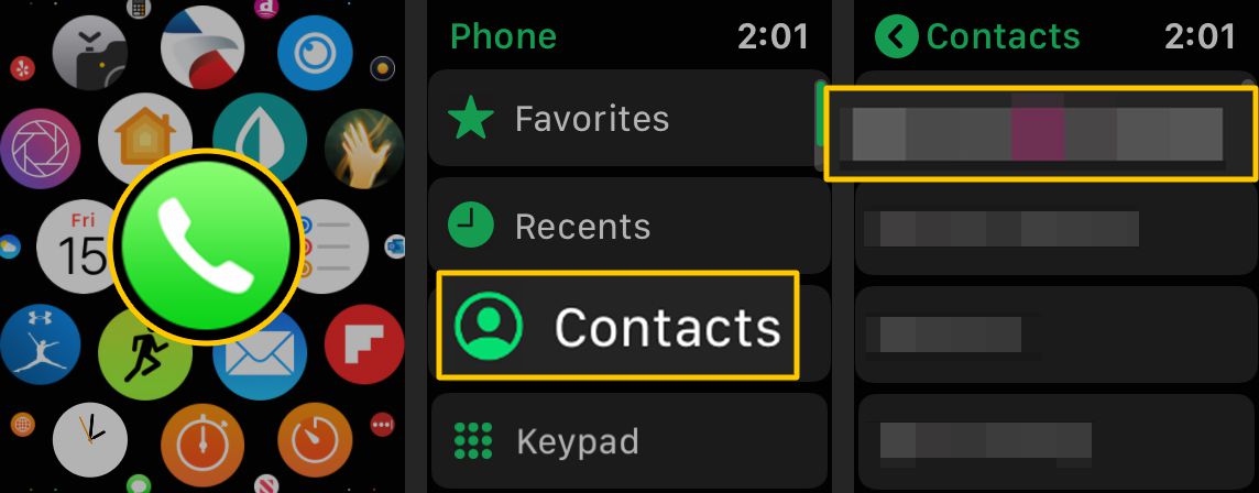 Ícone do telefone, botão Contatos, Contato no Apple Watch