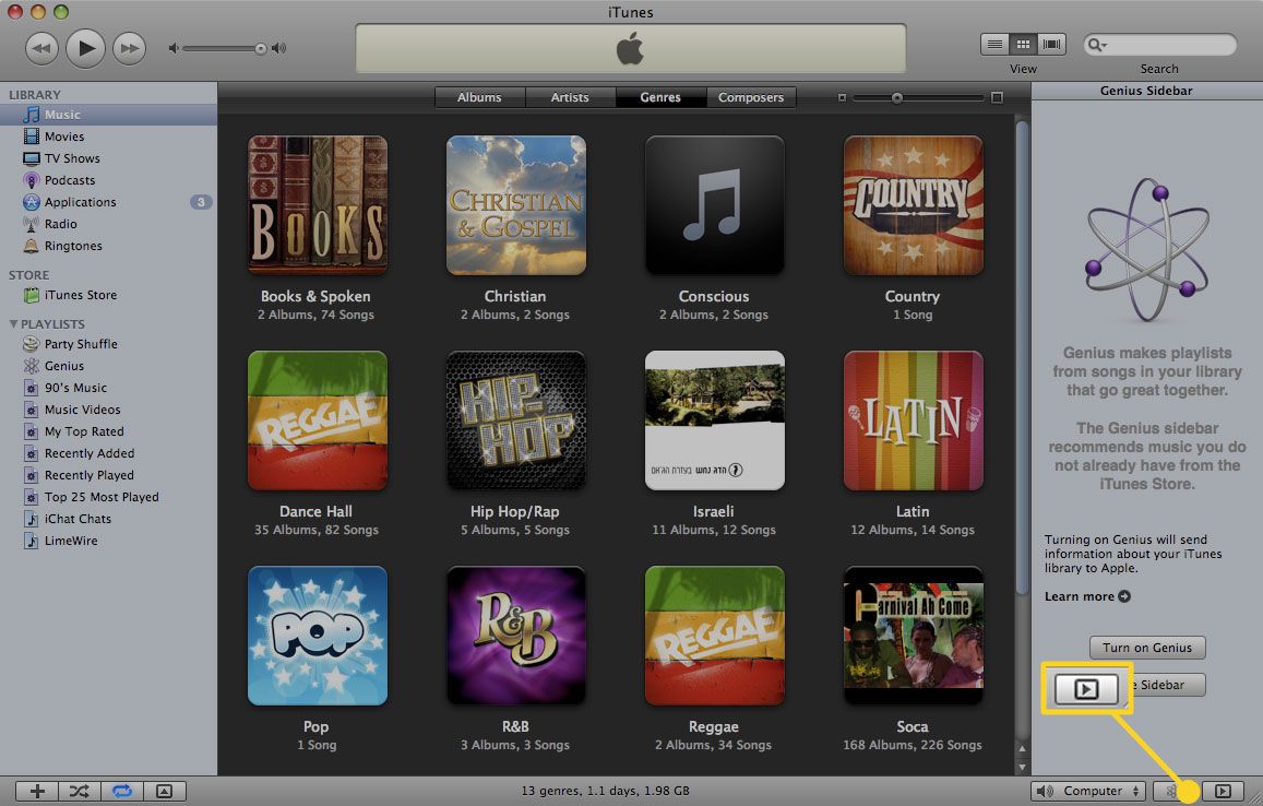 O botão Ocultar barra lateral no iTunes 11