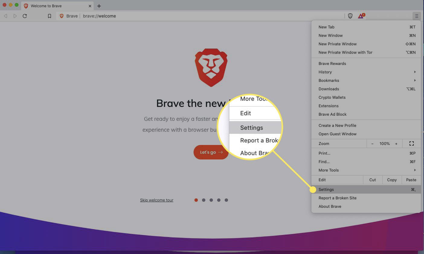 O título Configurações em Brave