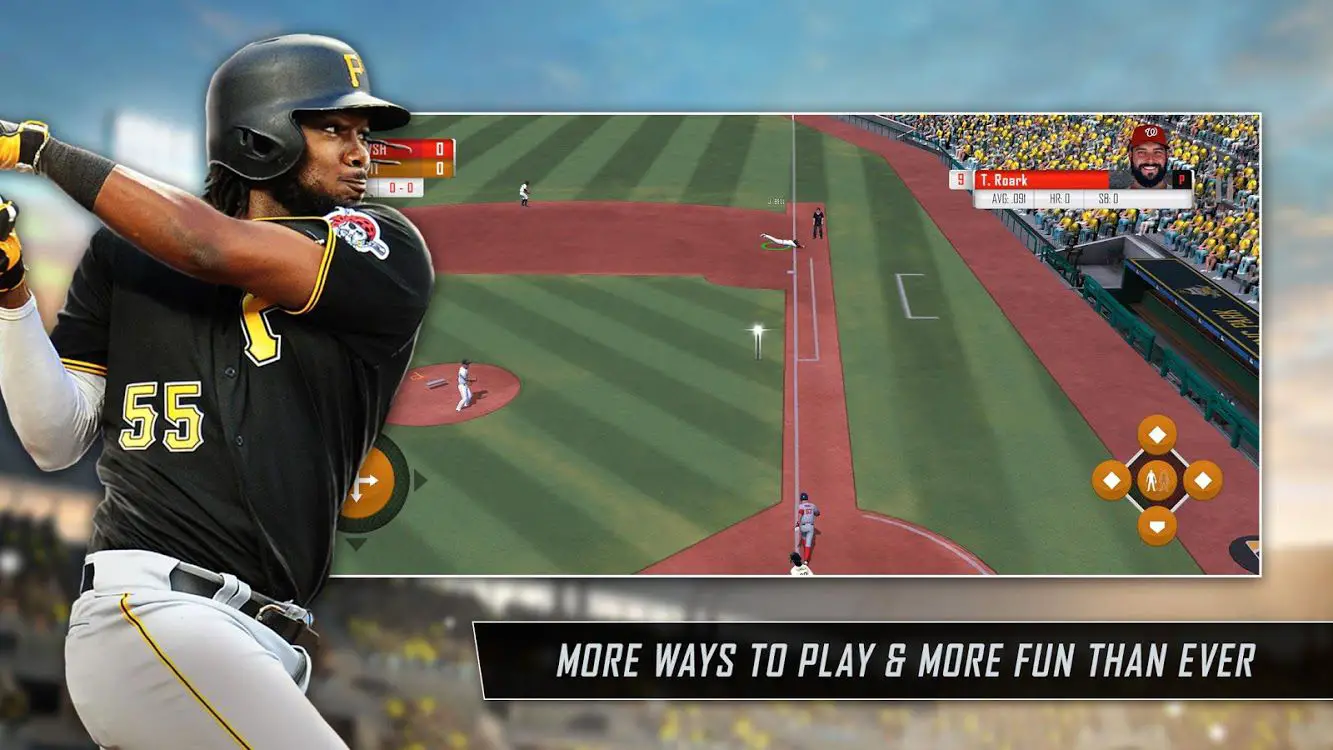 Captura de tela de RBI Baseball 18 com um jogador de beisebol em frente ao jogo acontecendo em um campo de beisebol computadorizado