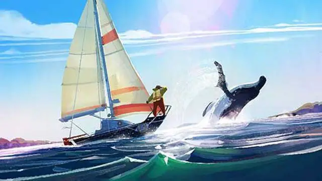 Captura de tela de um veleiro com um homem e uma baleia azul pulando do oceano