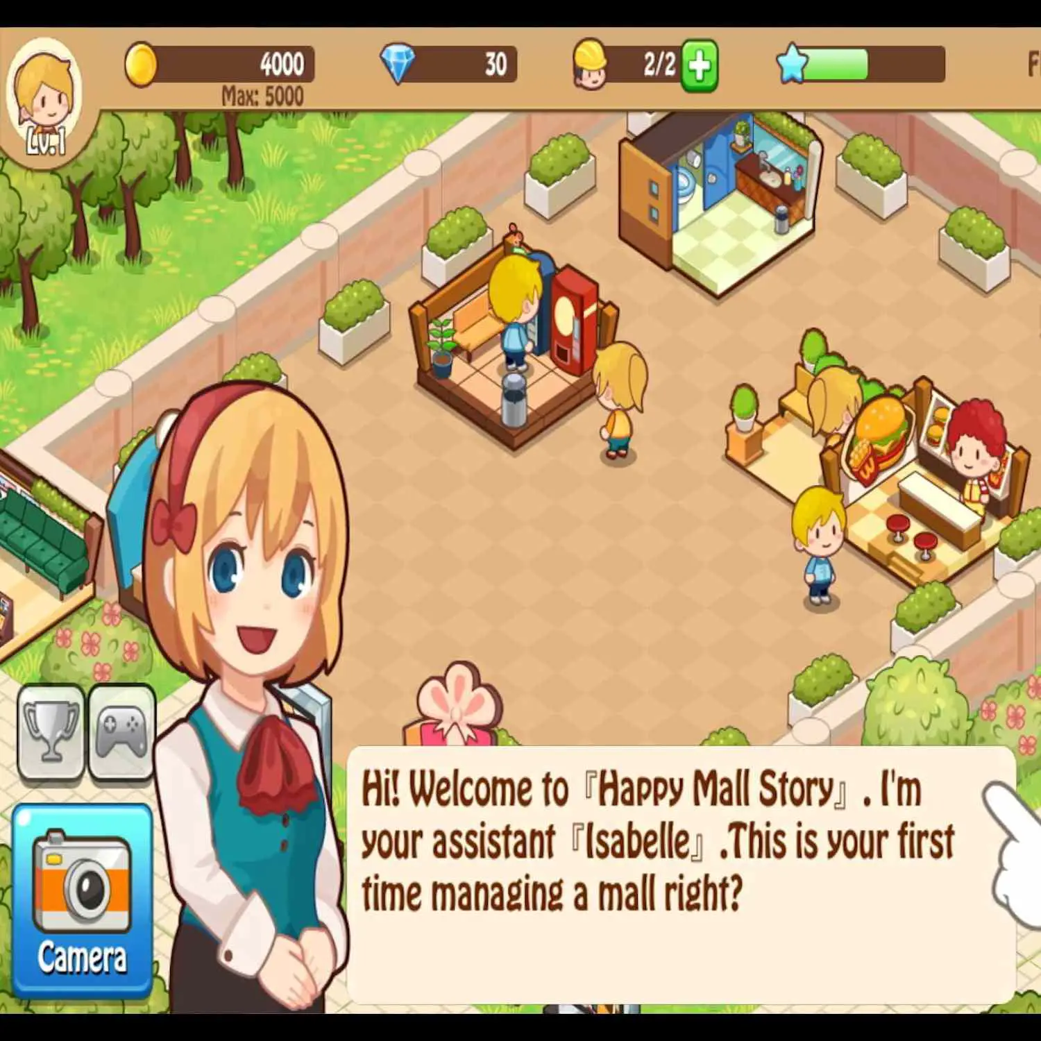 Captura de tela de Happy Mall Story com anime girl em frente a uma cena animada de restaurante