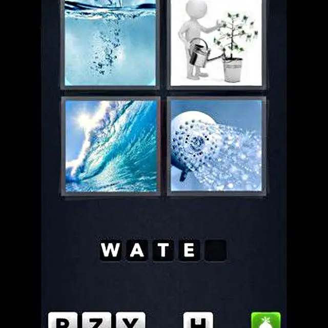 Captura de tela de 4 fotos de 1 palavra representando quatro imagens com água e blocos soletrando & # 34; água. & # 34;