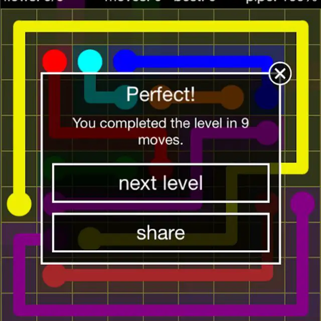 Captura de tela do final do jogo Free Flow com formas geométricas de cores vivas no fundo