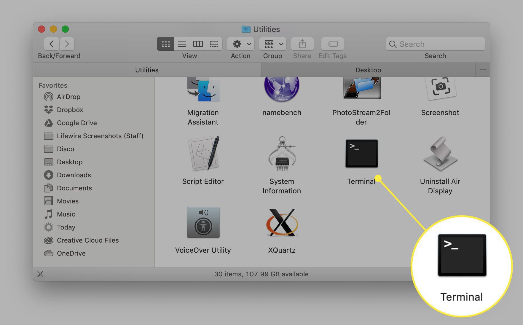 Ícone do aplicativo Terminal na janela do MacOS Finder