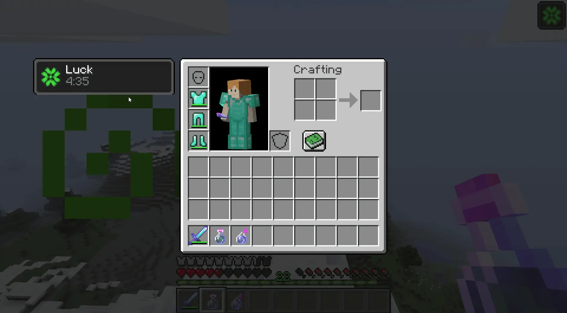 Uma captura de tela do menu de equipamentos do Minecraft com sorte ativa.