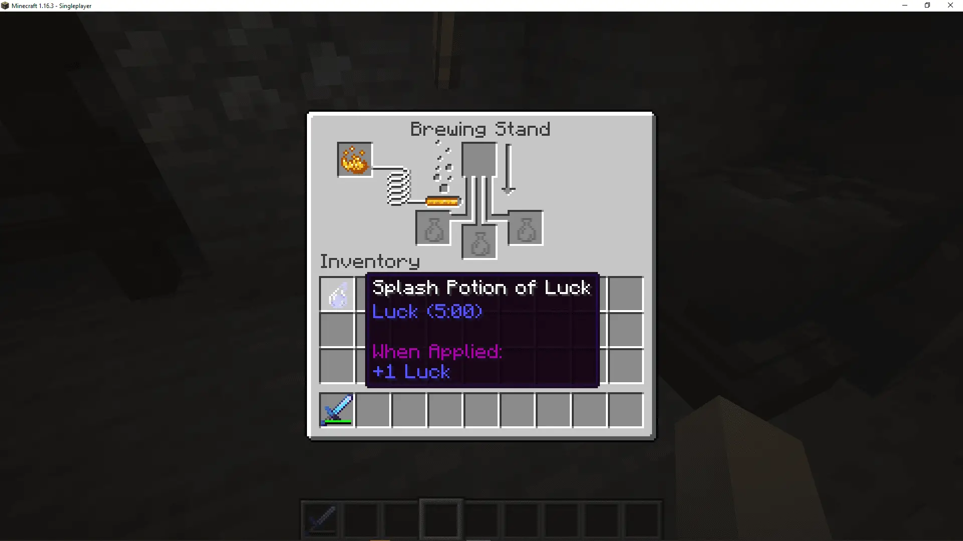 Uma captura de tela de uma poção de respingo da sorte no Minecraft.