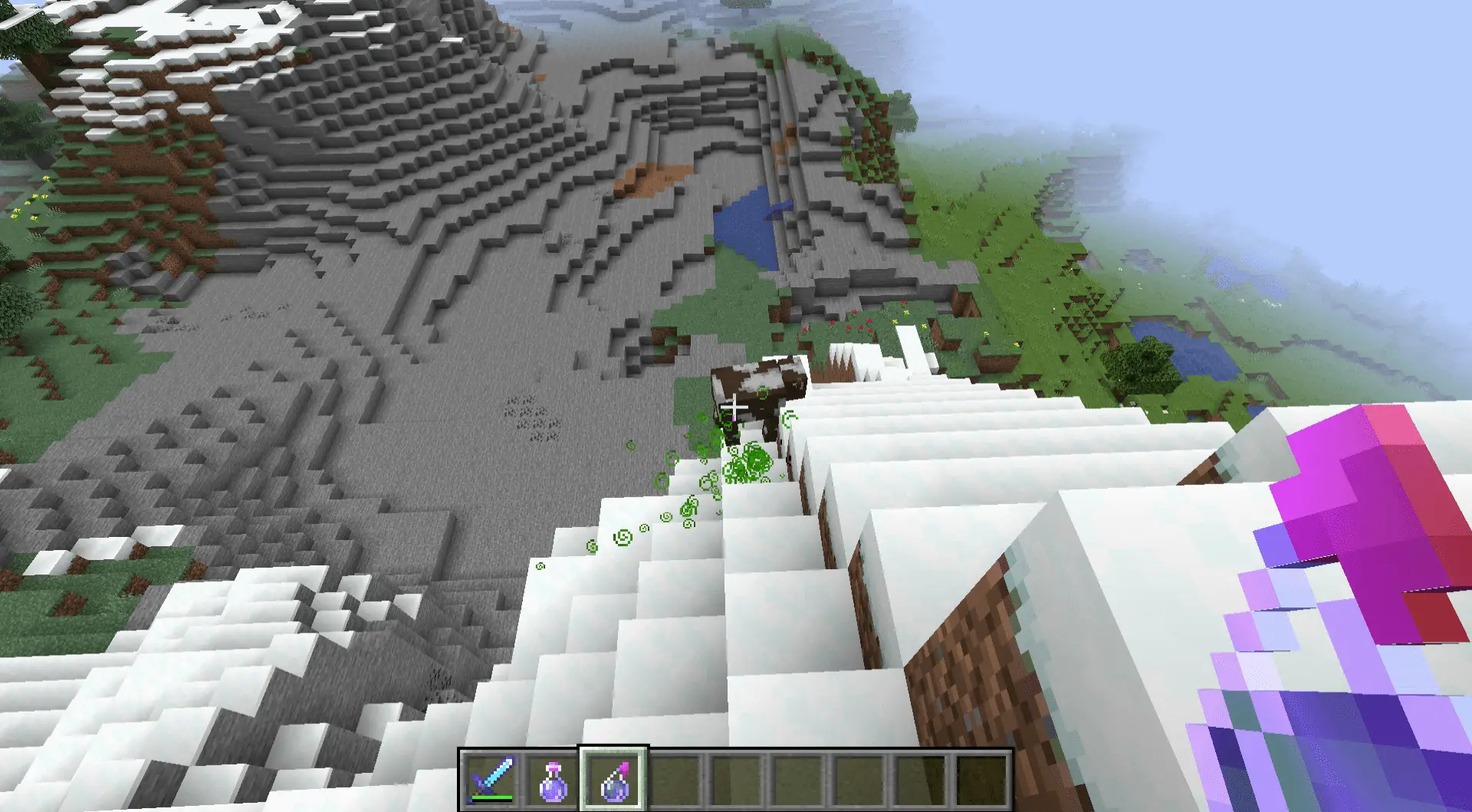 Uma captura de tela de uma poção da sorte lançada no Minecraft.