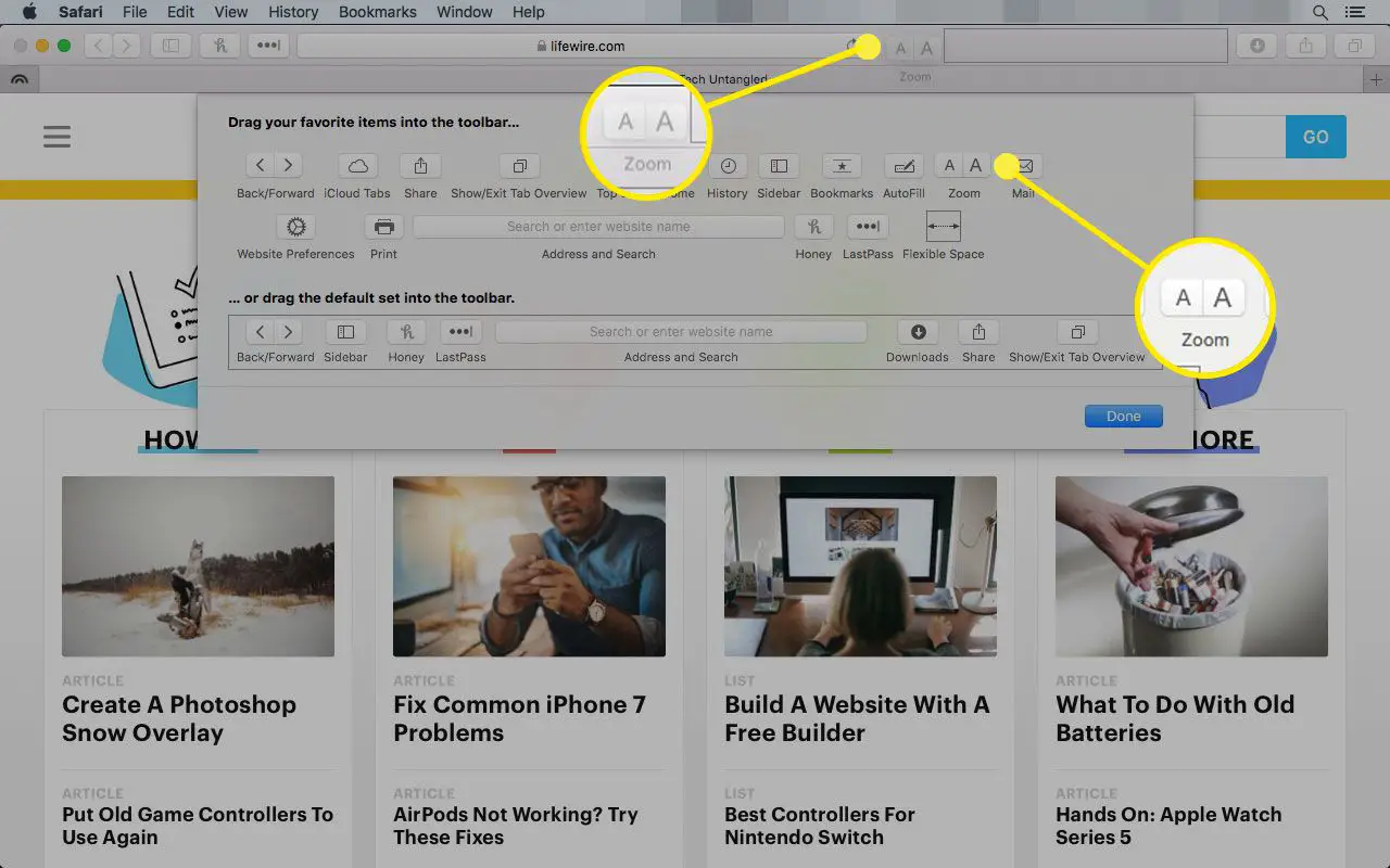 Safari no Mac com o item da barra de ferramentas de zoom destacado
