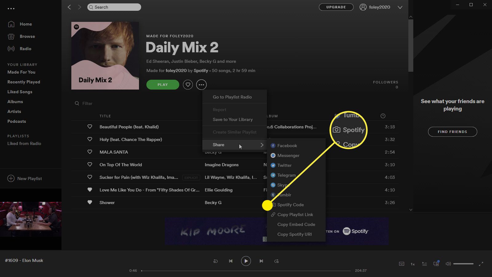 O aplicativo de desktop Spotify com a opção Spotify Code chamada.