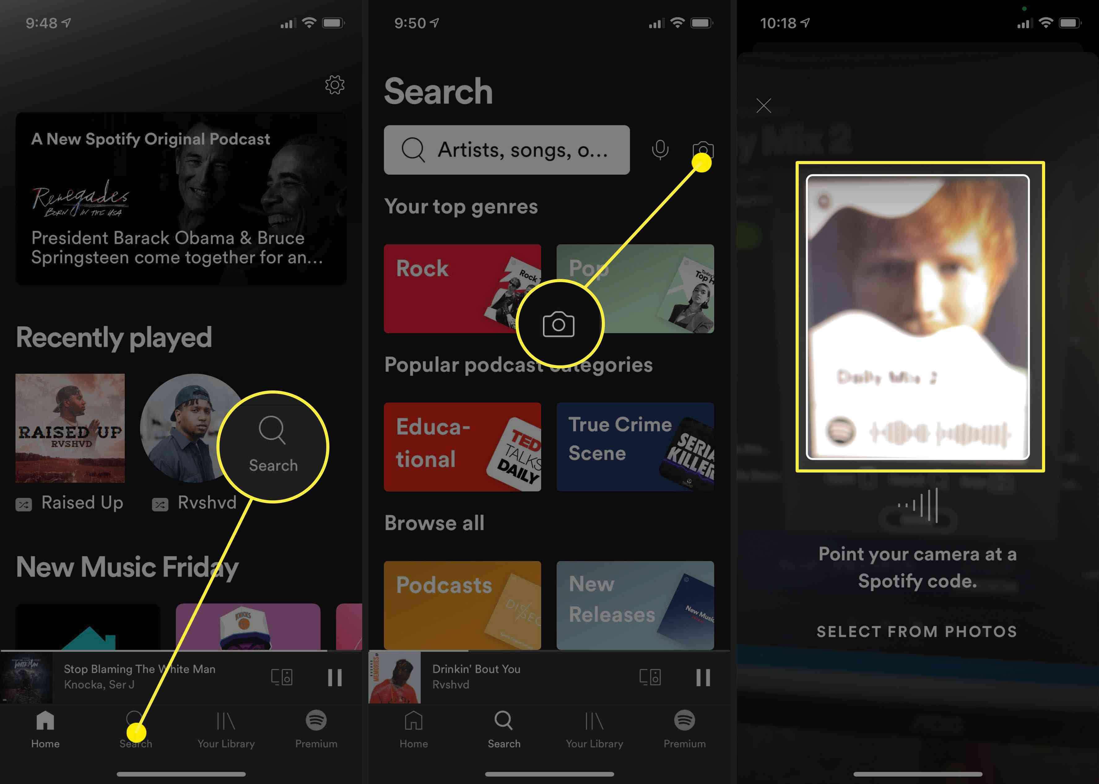 Capturas de tela do aplicativo Spotify explicando como digitalizar um código de música.