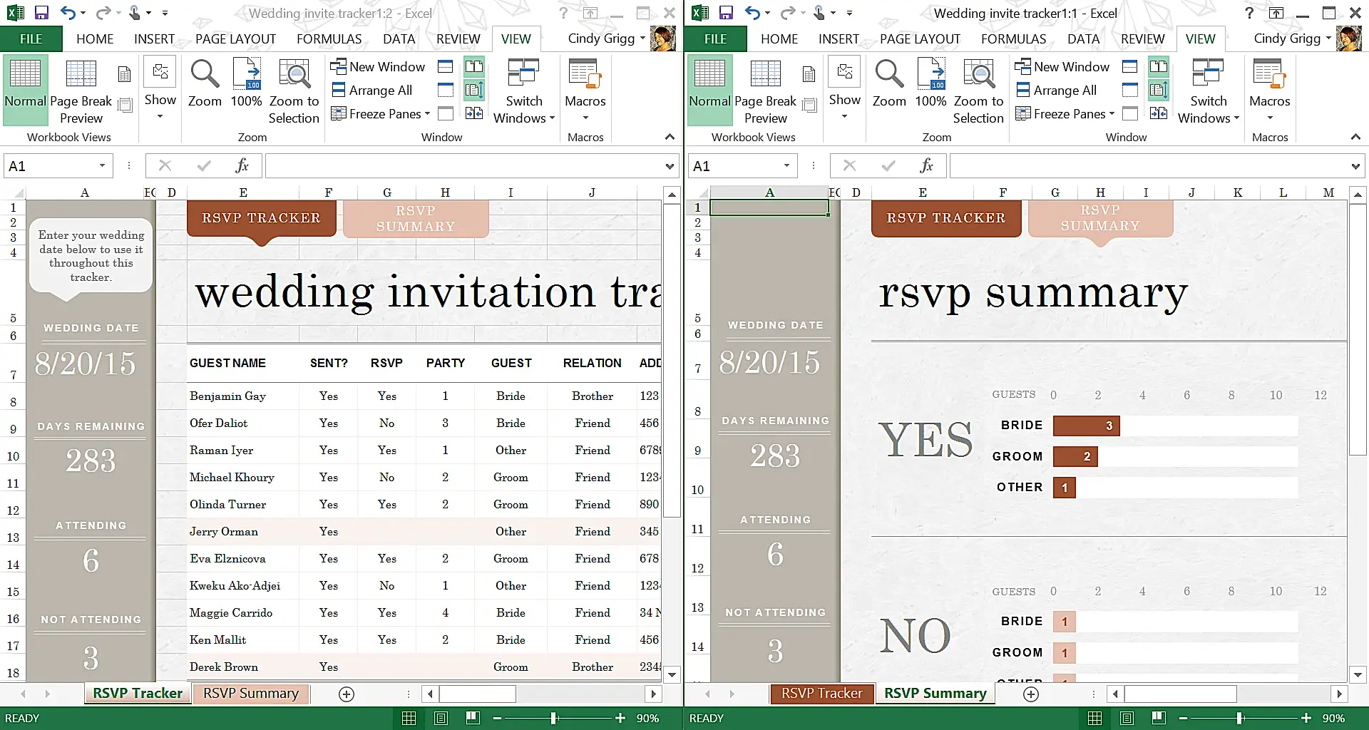 Modelo de rastreador de convite de casamento no Microsoft Excel