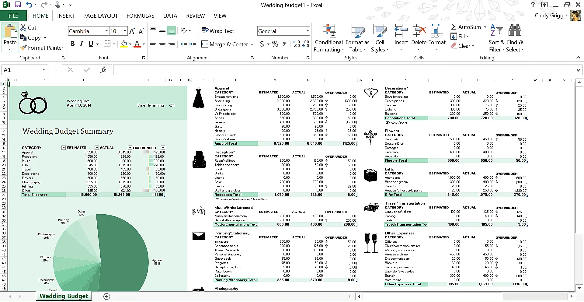 Modelo de orçamento de casamento para Microsoft Excel