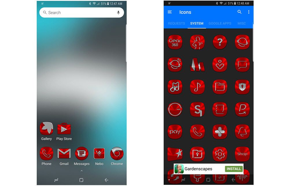 Capturas de tela do pacote de ícones vermelhos para Android.