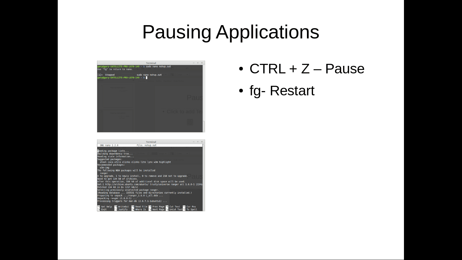Pause os aplicativos de terminal da captura de tela dos comandos do Linux