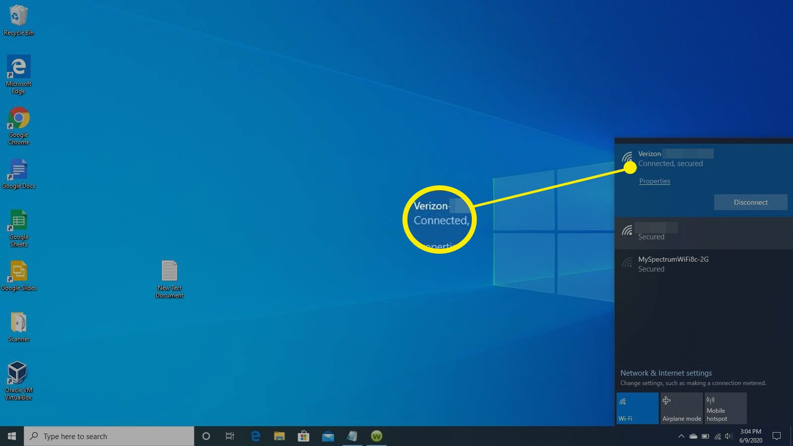 O sistema está conectado sem fio no Windows 10.