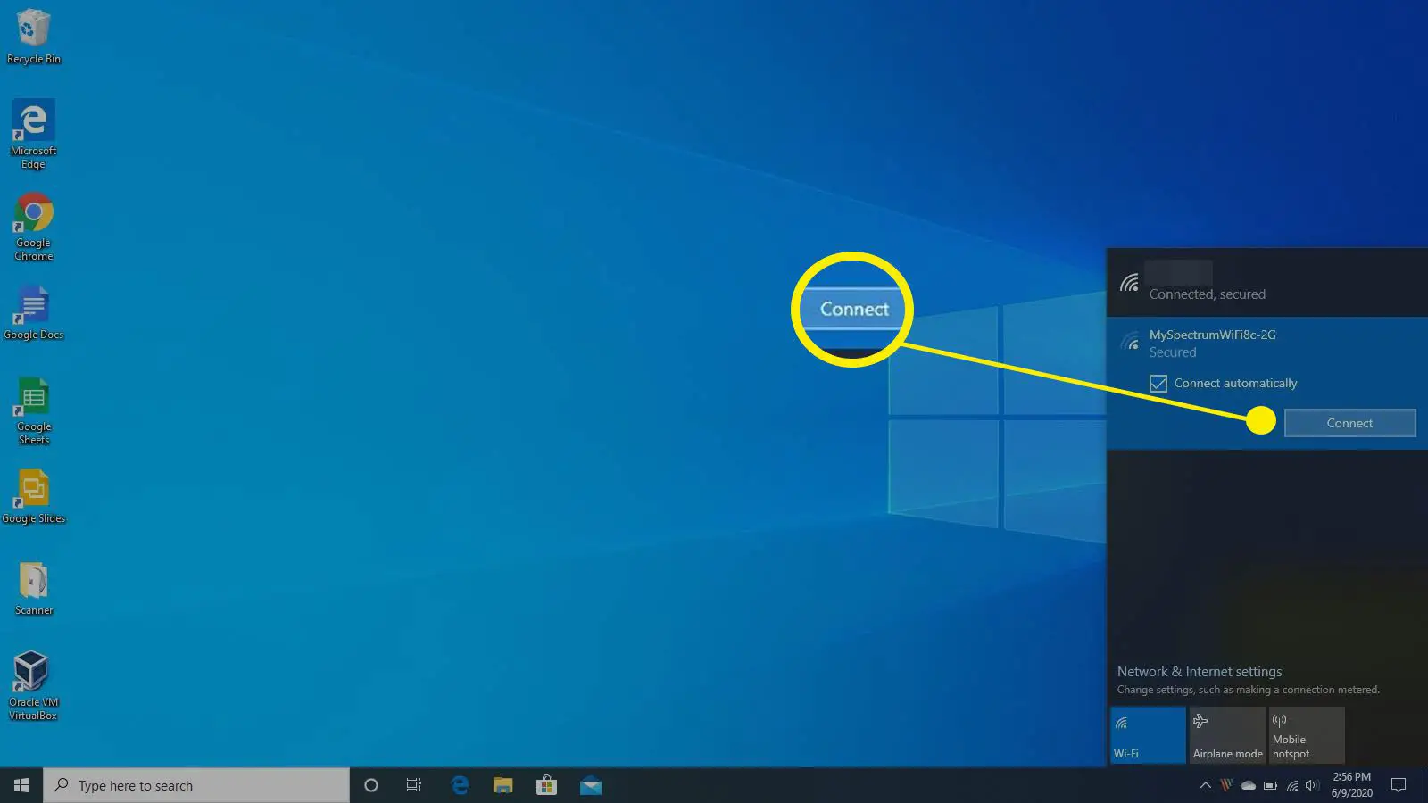Captura de tela de conexão a uma rede sem fio no Windows