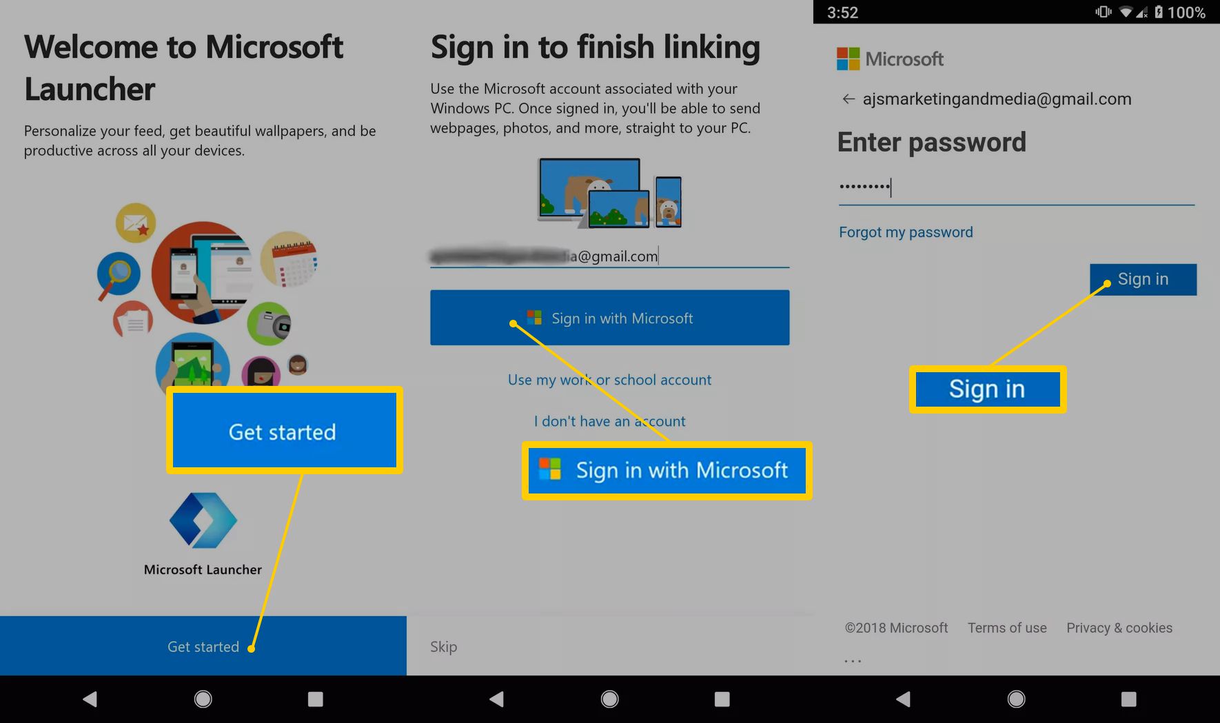 Primeiros passos, faça login com a Microsoft, botões de login no Android