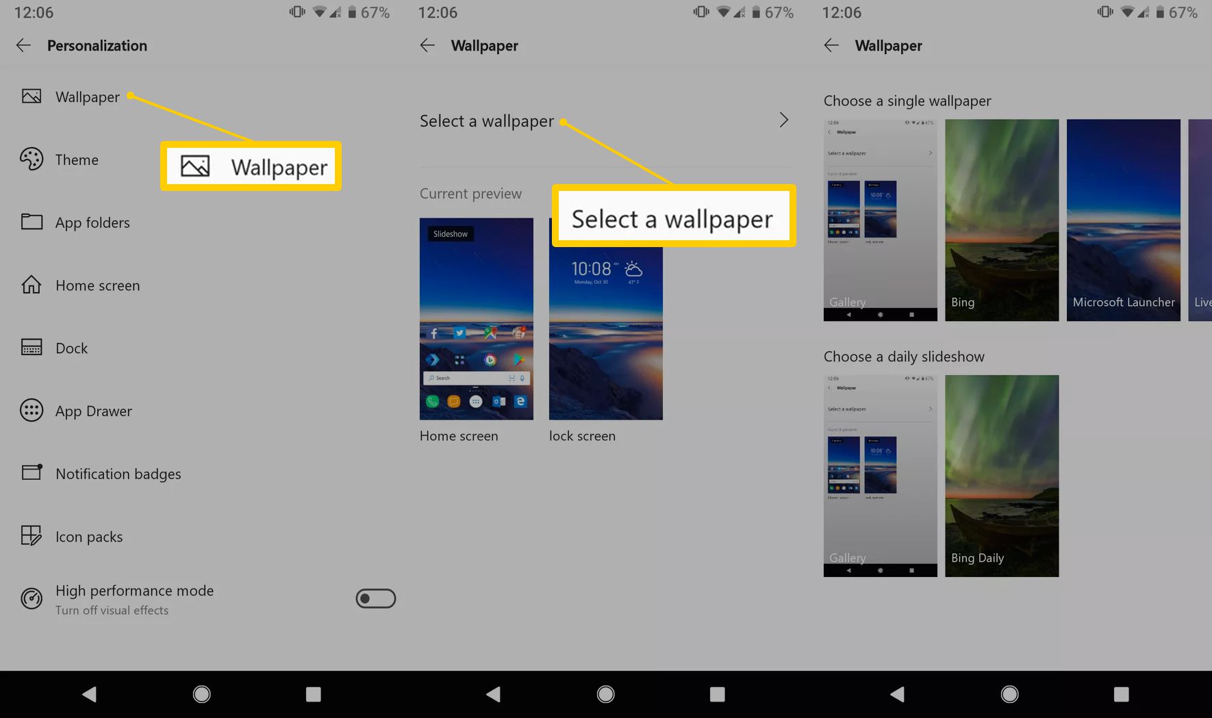 Papel de parede, selecione os botões de papel de parede no Android