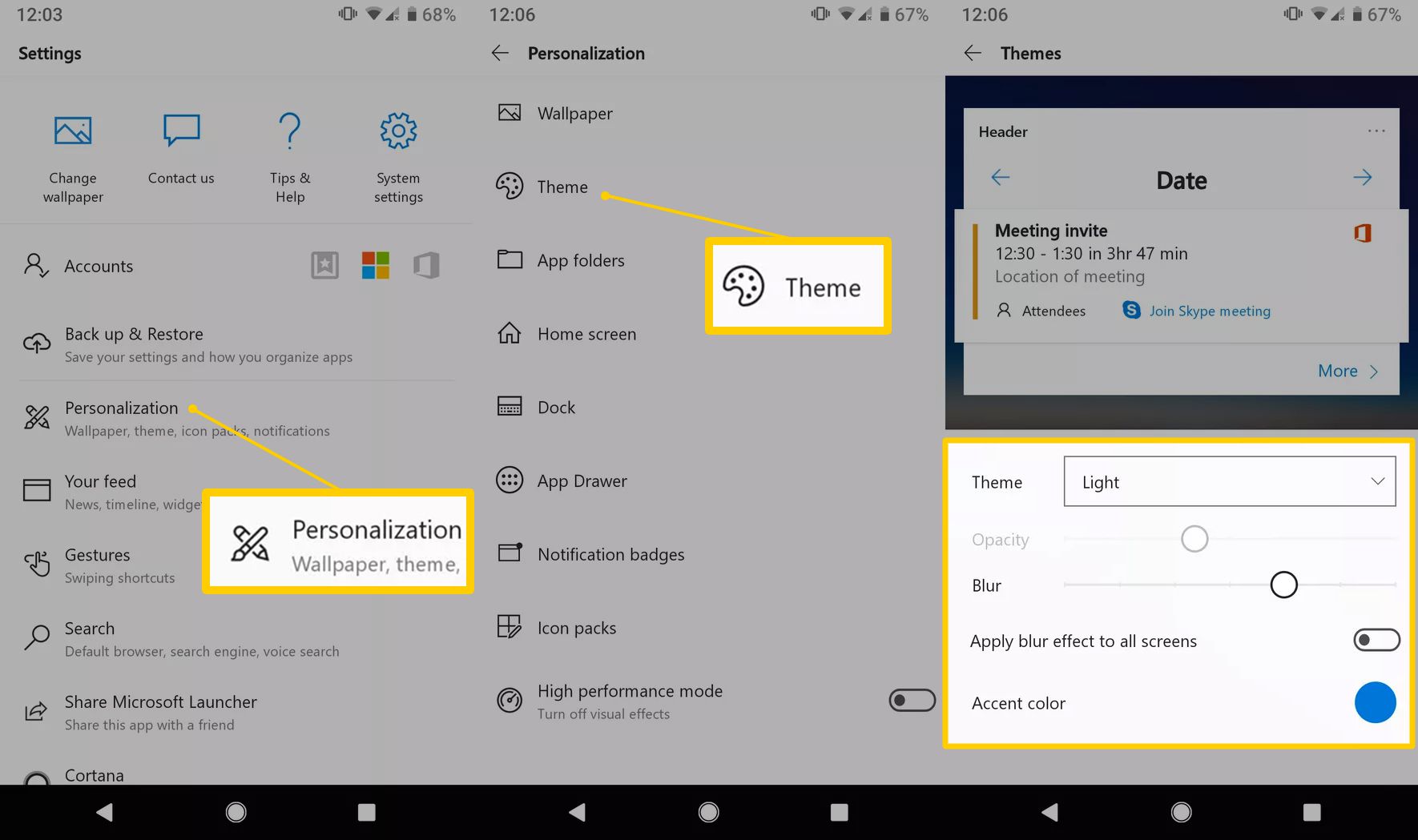 Personalização, tema, opções nas configurações do Android
