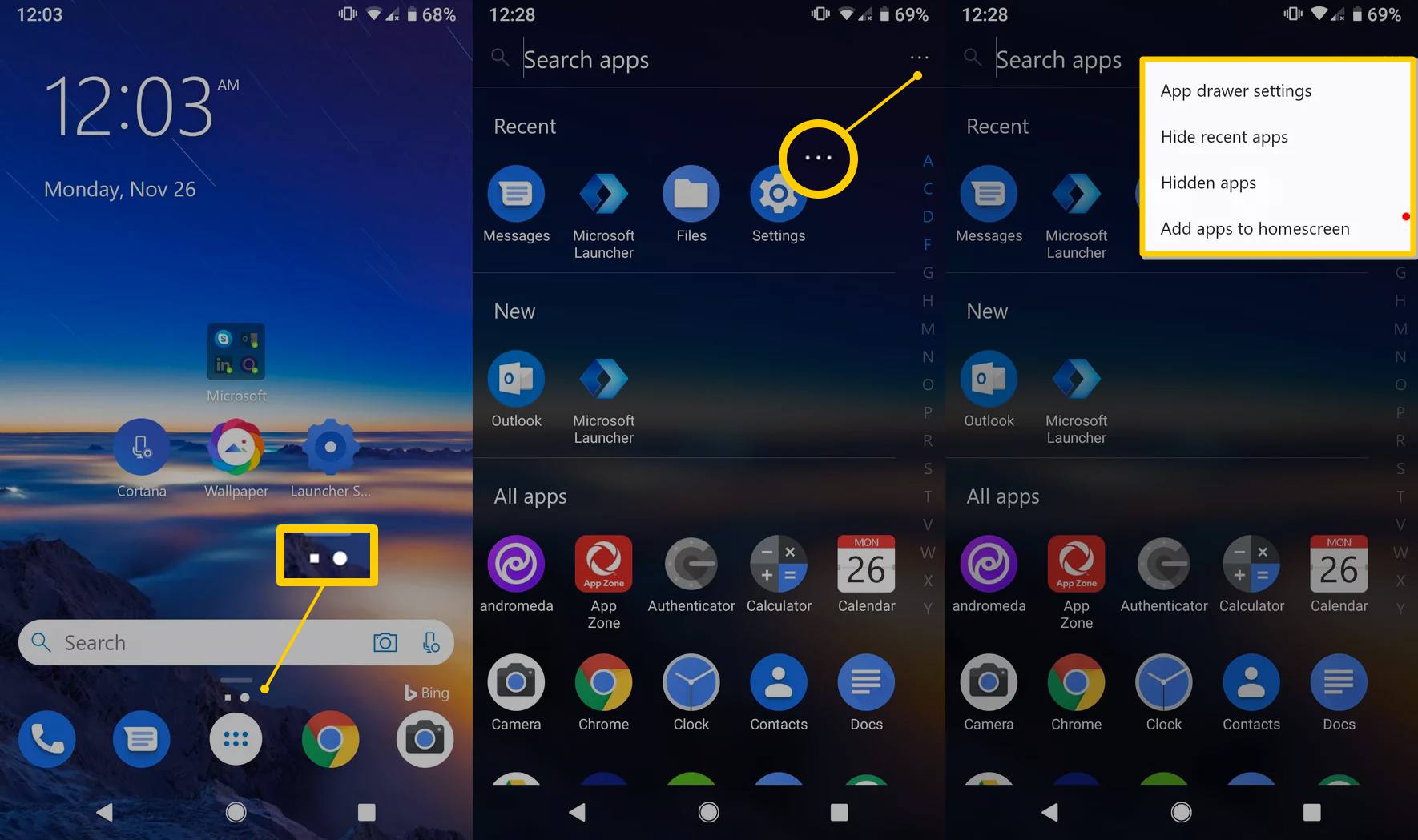 Menu elipse, menu de ponto horizontal, configurações de gaveta de aplicativos no Android