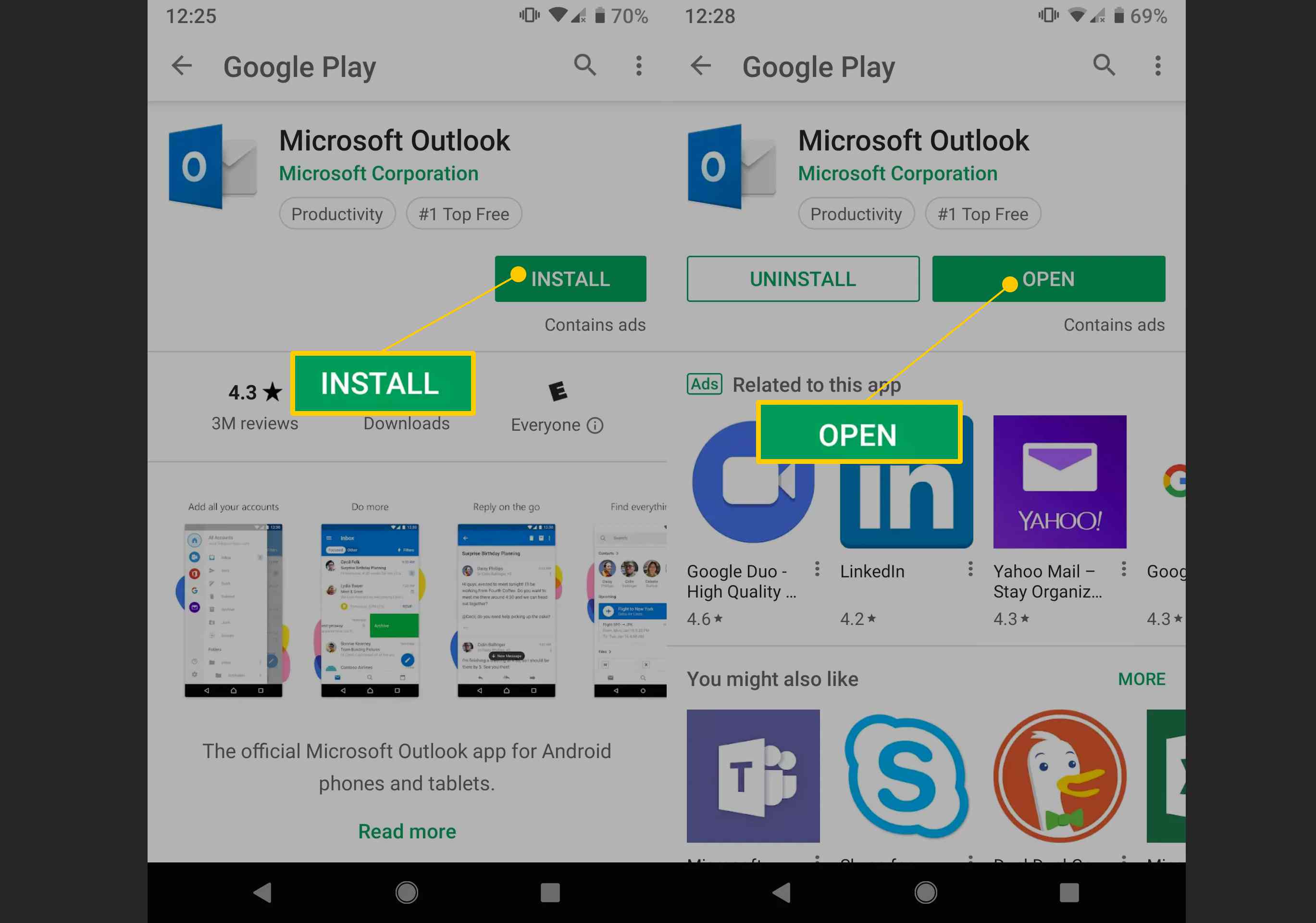 Botões de instalação e abertura no Google Play para aplicativos da Microsoft