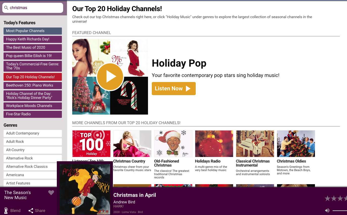 O AccuRadio tem uma variedade de estações de músicas e listas de reprodução de Natal gratuitas