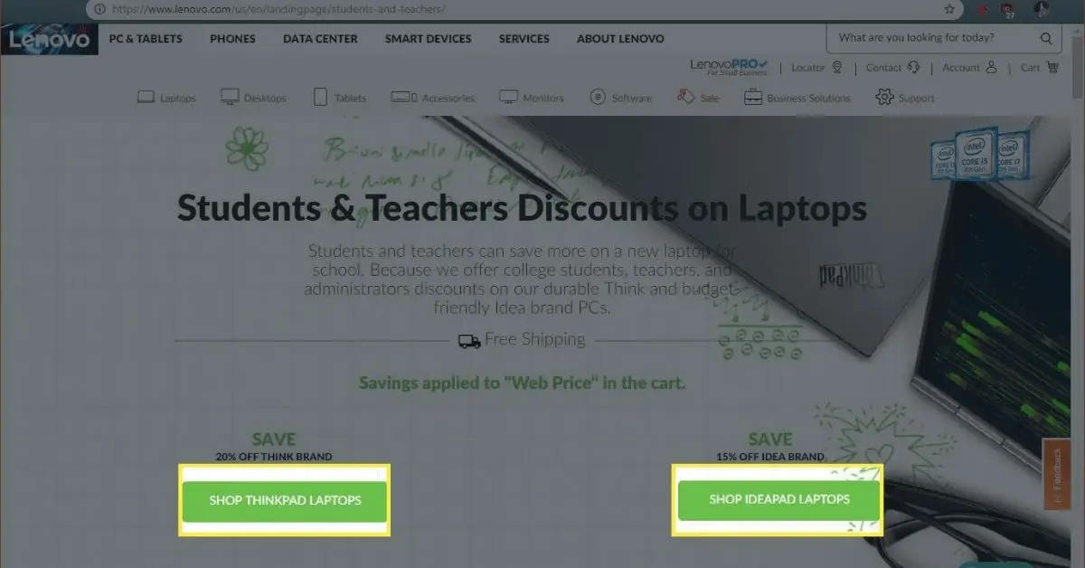 A página de descontos para alunos e professores da Lenovo.