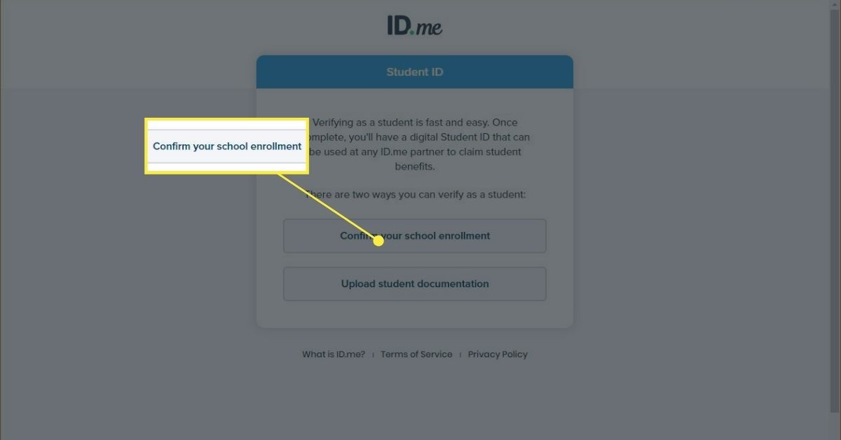Página de confirmação de ID de aluno do ID.me.